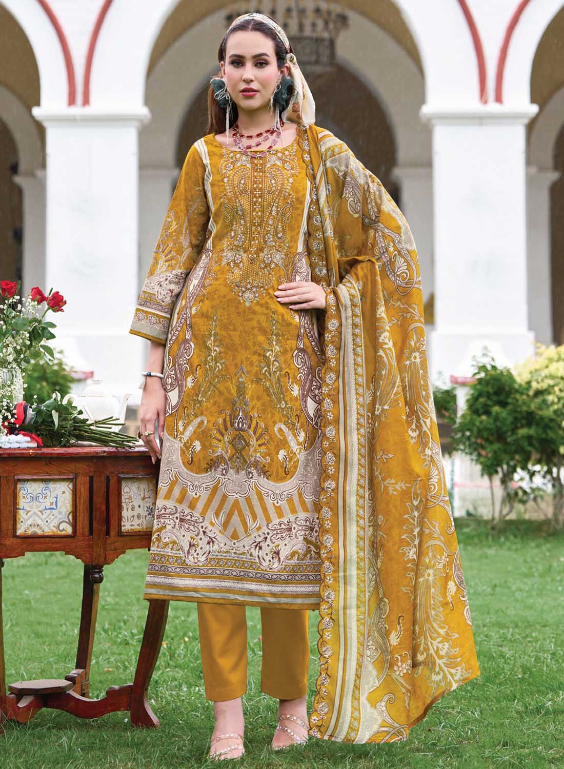 Pure Cotton Mustard Unstitched Pakistani Suit Material with Neck Embroidery