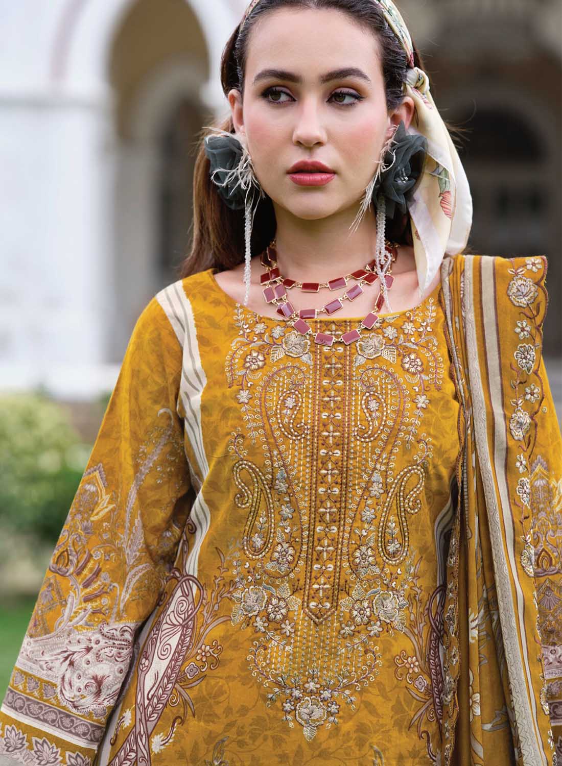 Pure Cotton Mustard Unstitched Pakistani Suit Material with Neck Embroidery