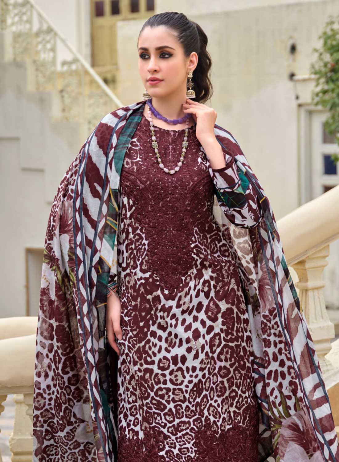 Maroon Unstitched Cotton Pakistani Suit Dress Material with Embroidery