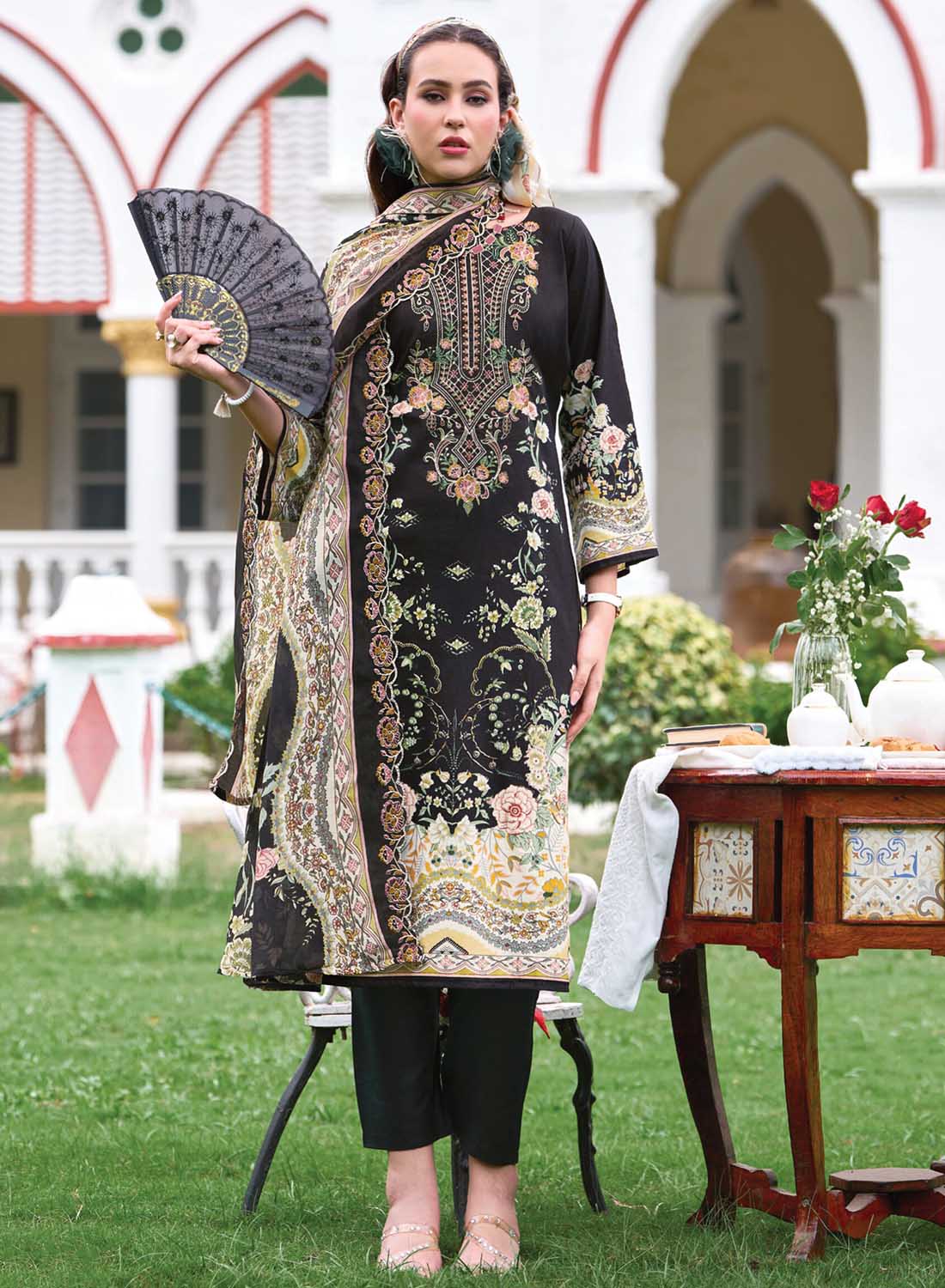 Pure Cotton Black Unstitched Pakistani Suit Material with Neck Embroidery
