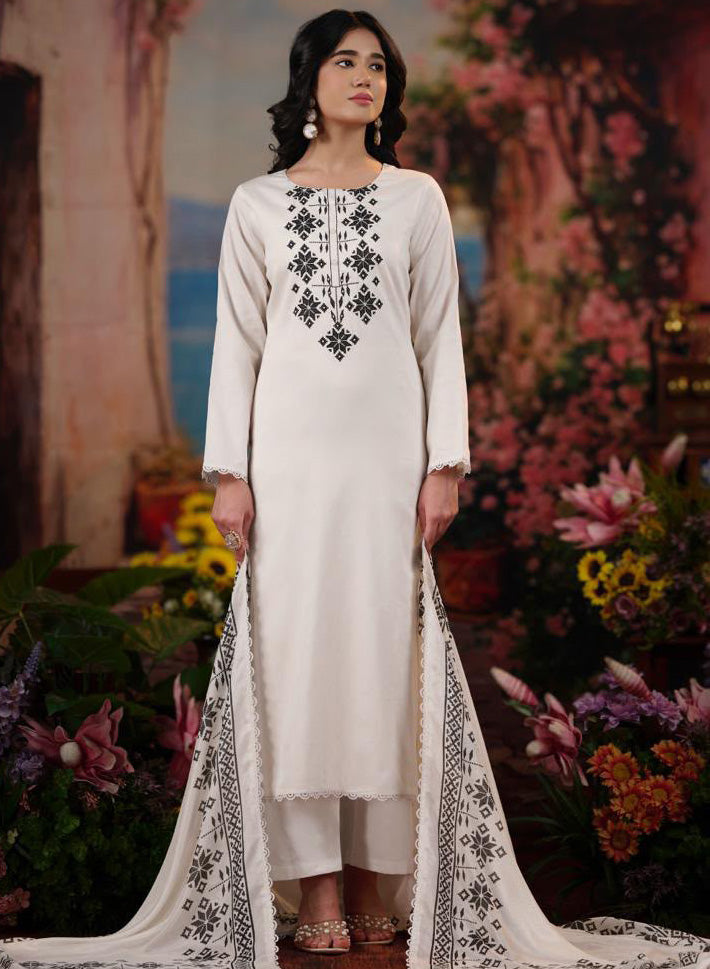 Pure Cotton Off-White Unstitched Suit Dress Material with Hand Work for Women