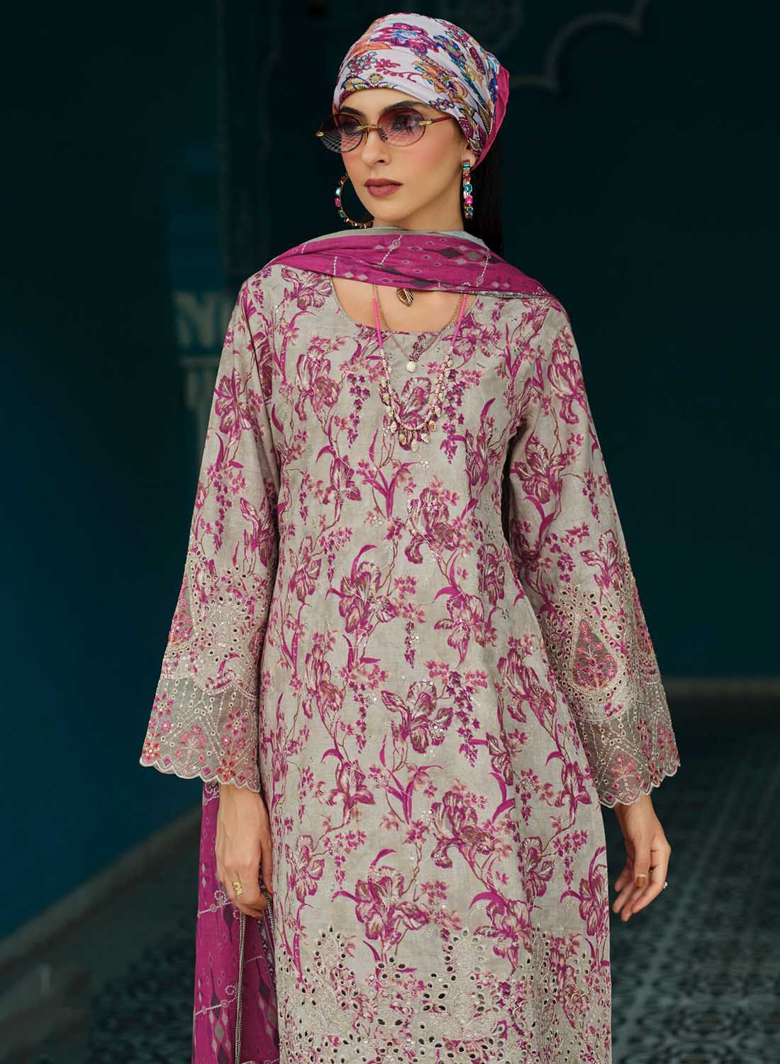 Pure Cotton Unstitched Pakistani Suit Dress Material with Embroidery Grey