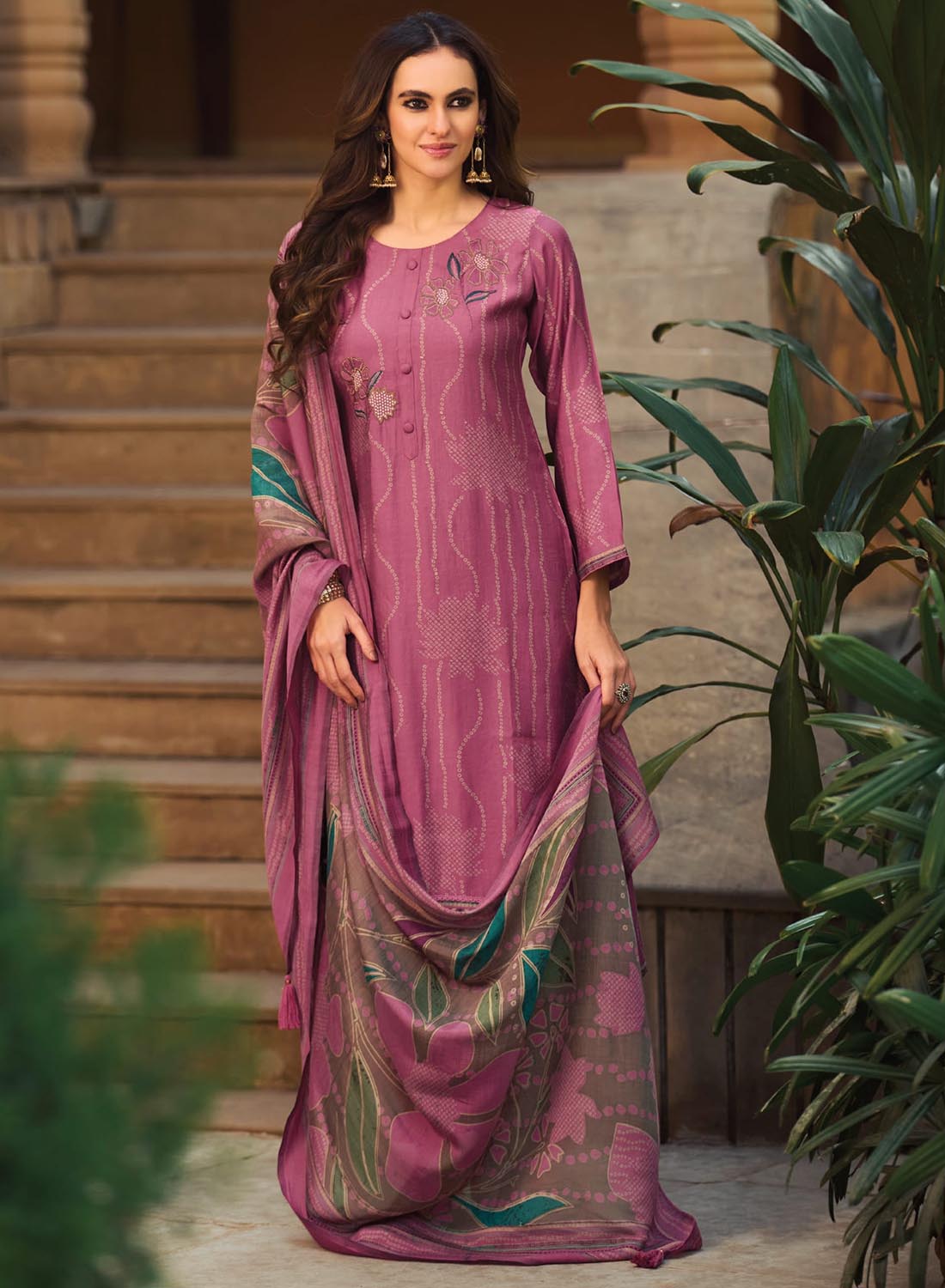 Fancy Muslin Silk Pink Unstitched Salwar Suit Material for Women