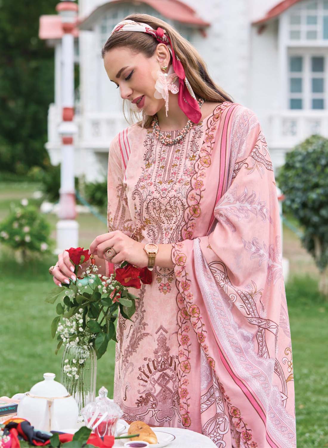 Pure Cotton Pink Unstitched Pakistani Suit Material with Neck Embroidery