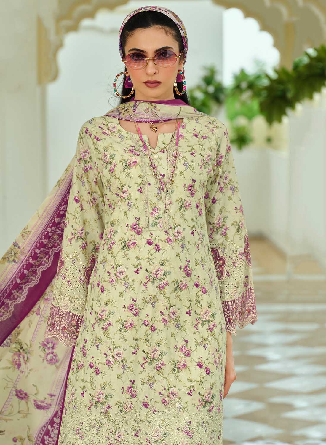 Pure Cotton Unstitched Pakistani Suit Dress Material with Embroidery Cream