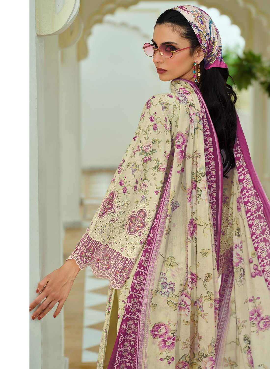 Pure Cotton Unstitched Pakistani Suit Dress Material with Embroidery Cream