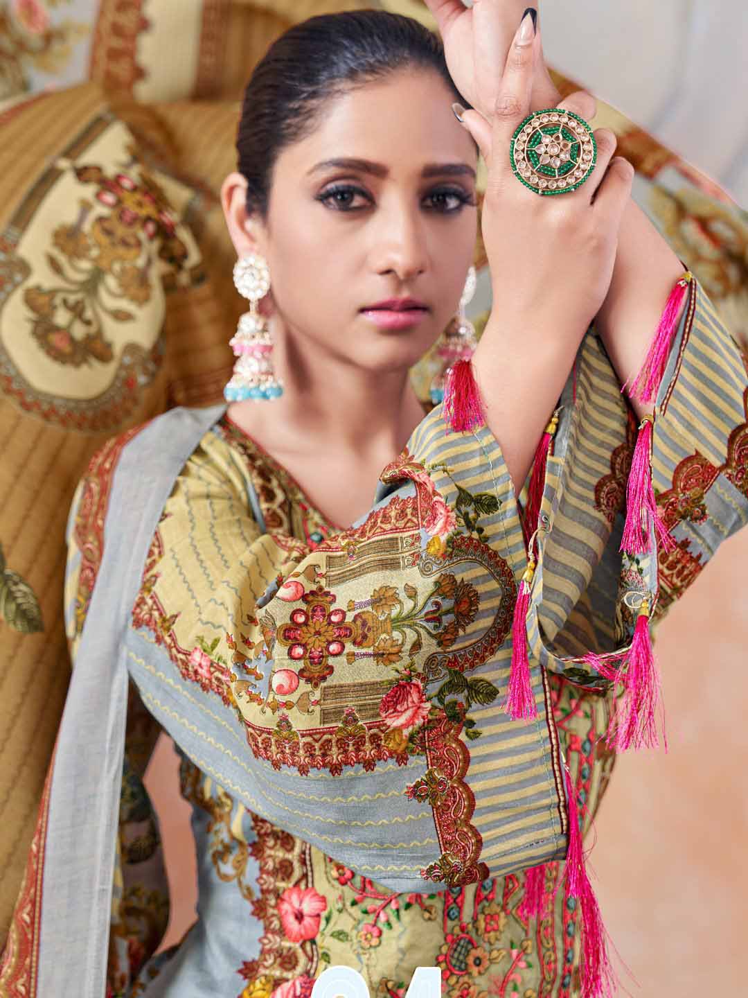 Unstitched Pakistani Print Cotton Suit Fabric with Embroidery Grey