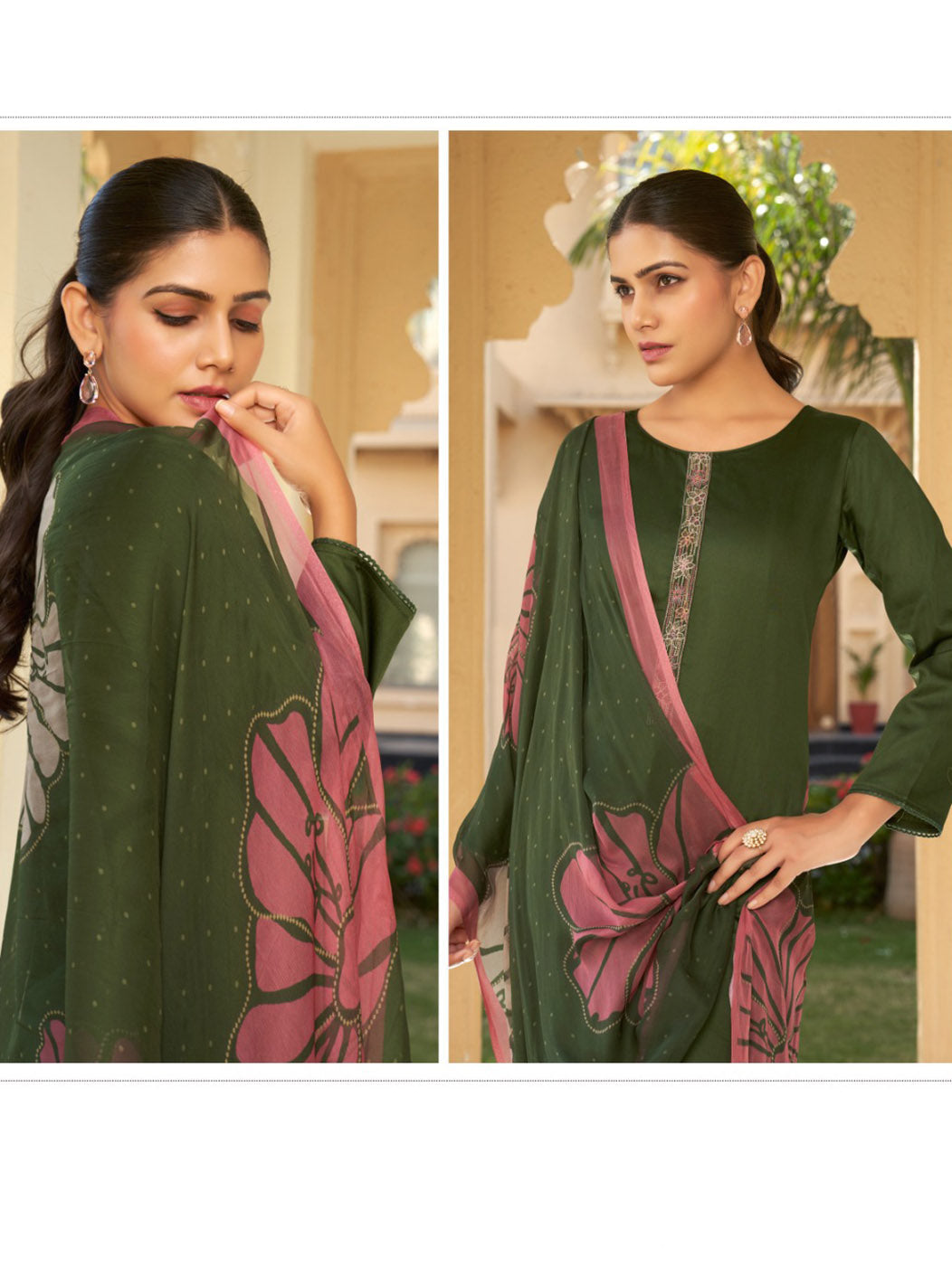 Green Cotton Satin Unstitched Suit Fabric Dress Material for Women