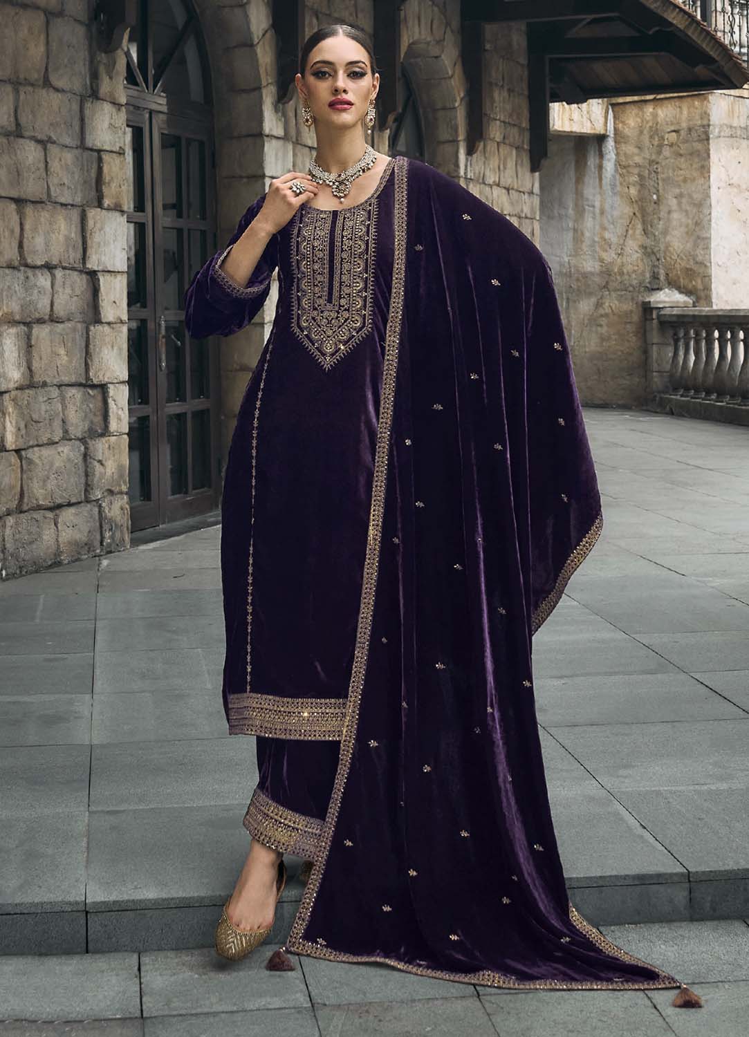 Kilory Party Wear Purple Unstitched Women Velvet Suit Dress Material –  Stilento