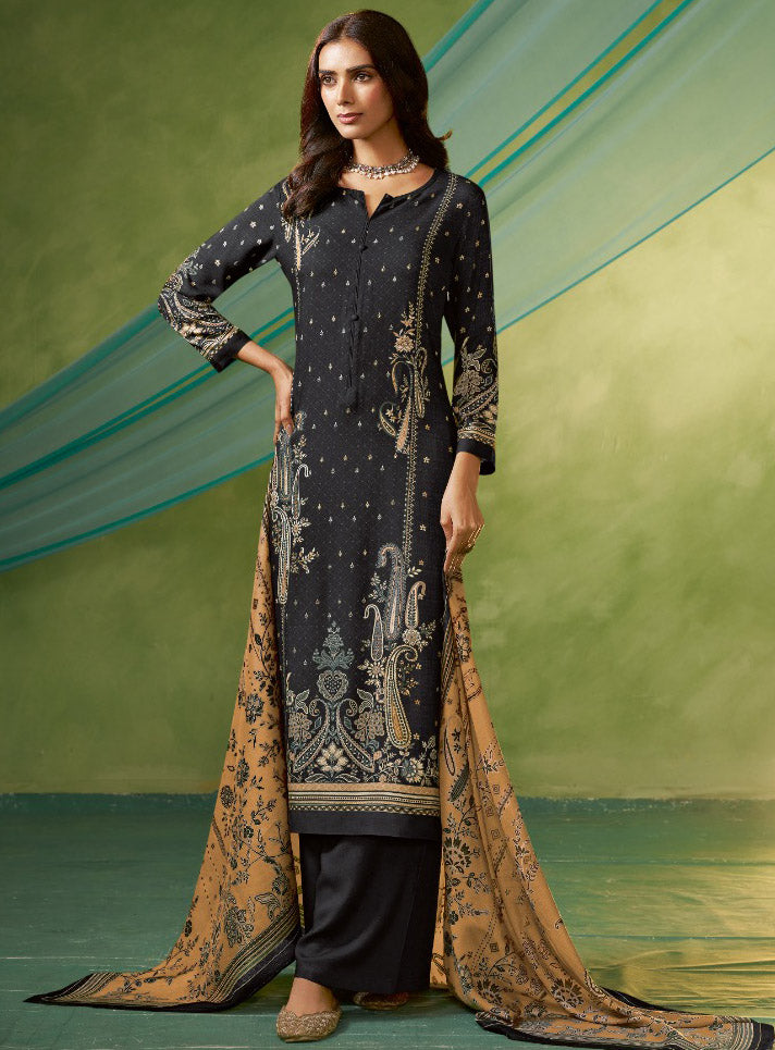 Black Pashmina Winter Unstitched Salwar Suit Material for Women