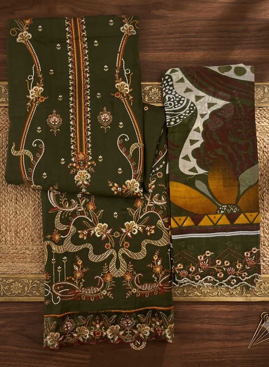 Unstitched Pure Cotton Pakistani Suit Material with Embroidery Dark Green