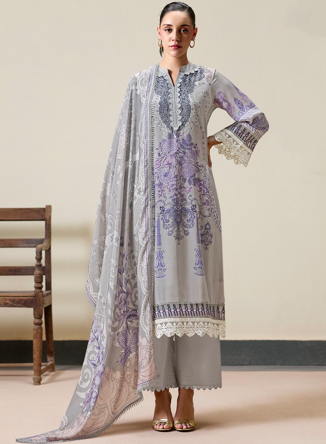 Grey Unstitched Muslin Pakistani Suit Dress Material with Embroidery