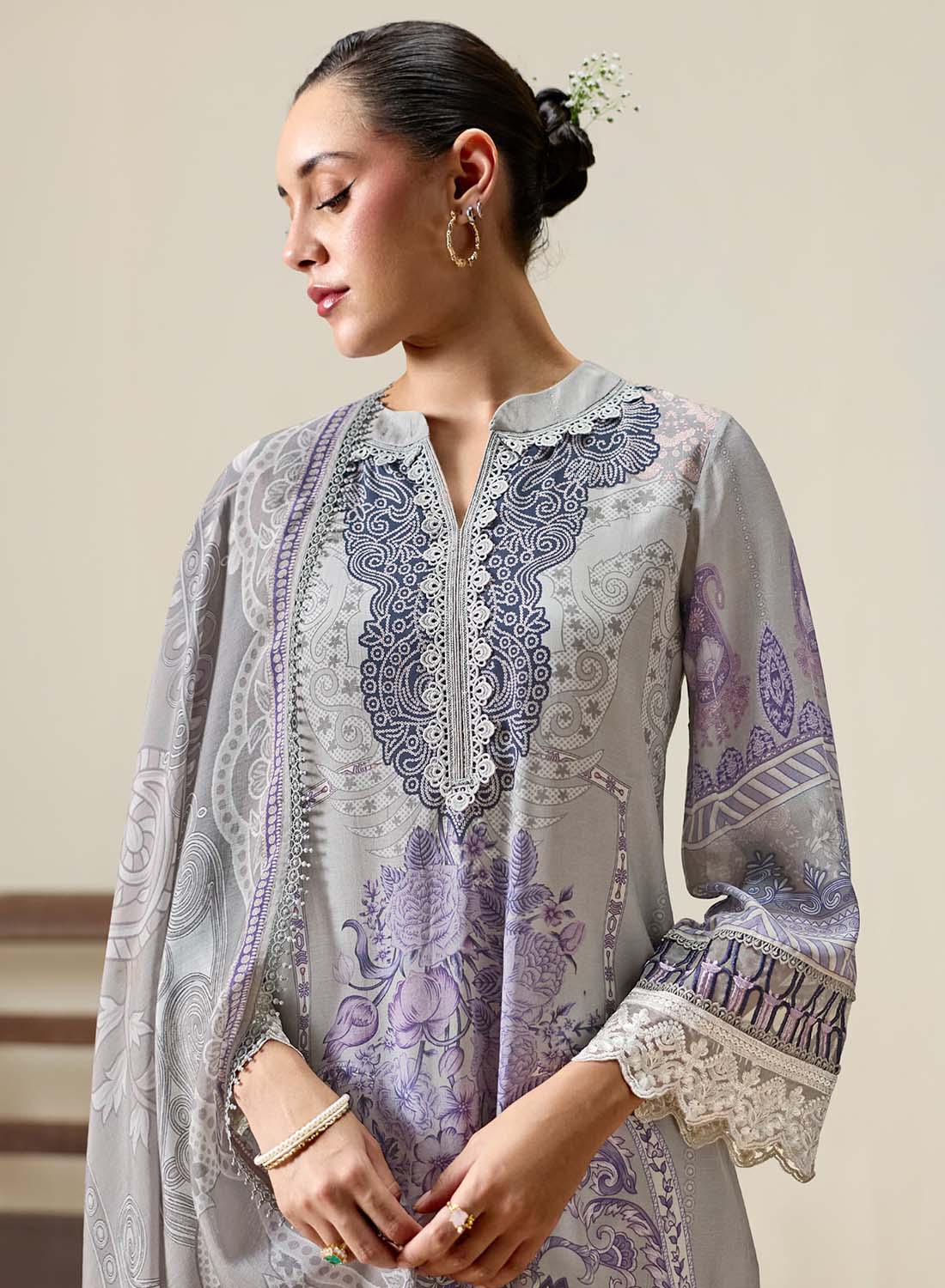 Grey Unstitched Muslin Pakistani Suit Dress Material with Embroidery