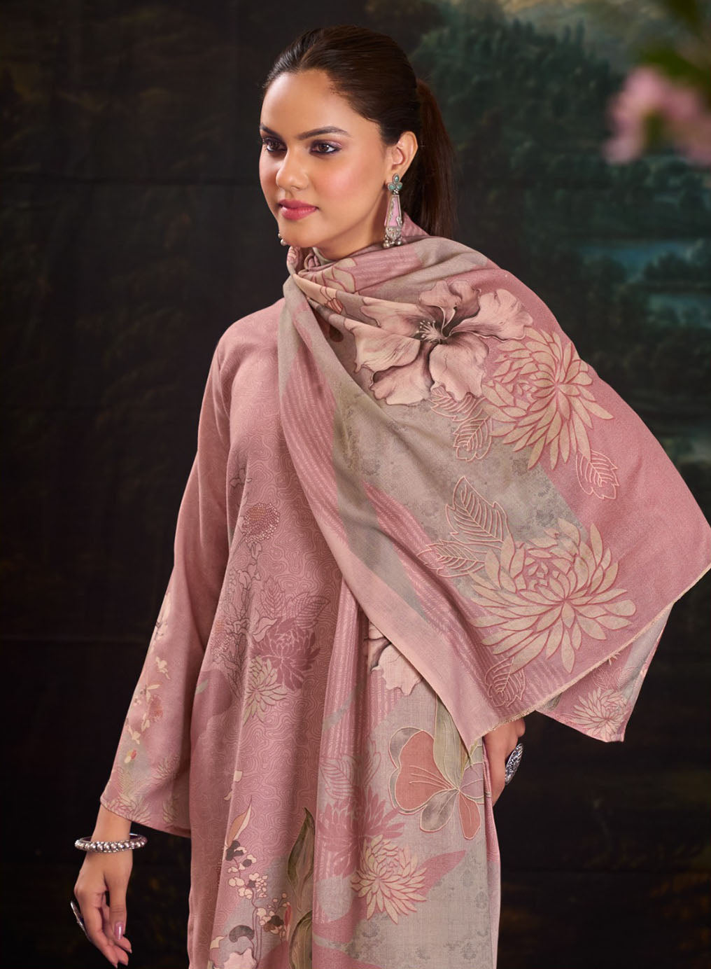 Women Pure Pashmina Printed Unstitched Winter Suit Dress Material