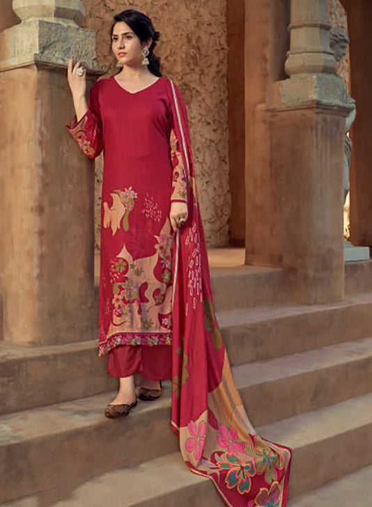 Red Winter Pashmina Unstitched Salwar Suit Set Material for Women