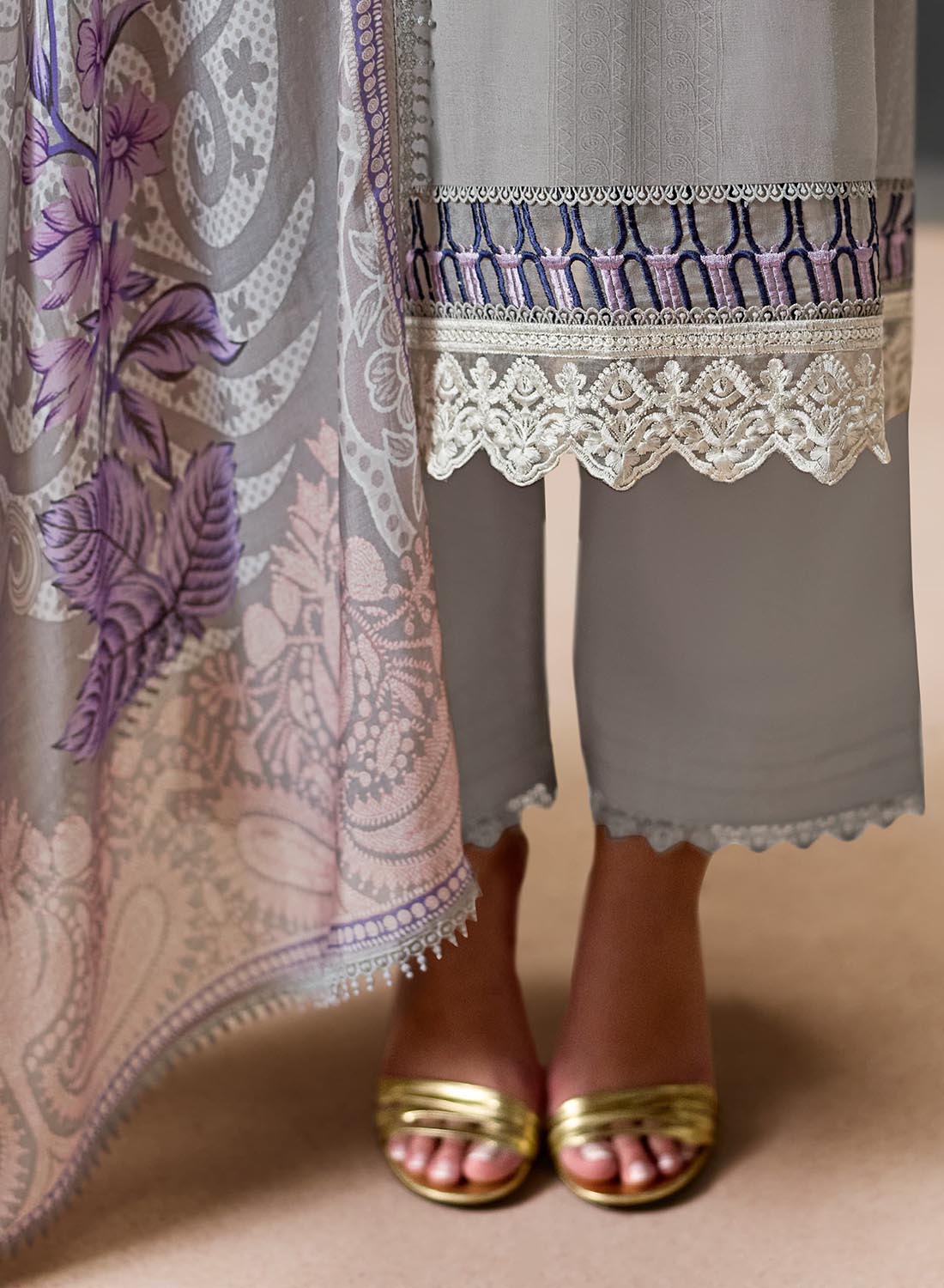 Grey Unstitched Muslin Pakistani Suit Dress Material with Embroidery