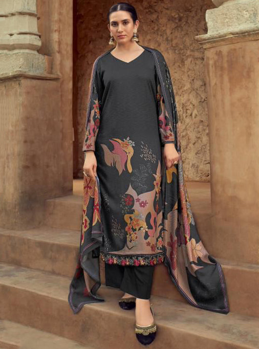 Black Winter Pashmina Unstitched Salwar Suit Set Material for Women