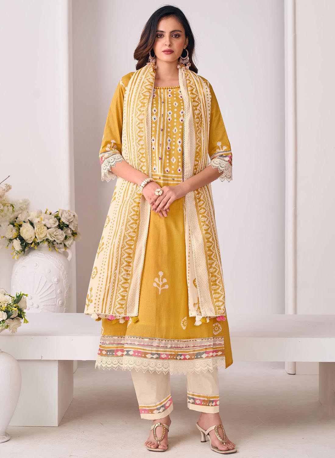 Yellow Block Print Unstitched Cotton Suit Dress Material with Dupatta