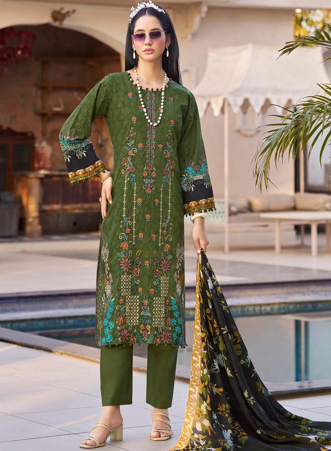 Pure Cotton Pakistani Print Unstitched Salwar Suit Set with Embroidery