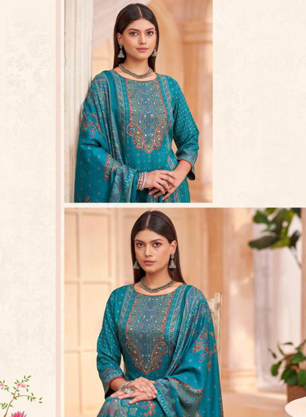 Teal Viscose Pashmina Unstitched Winter Salwar Suit Material for Women