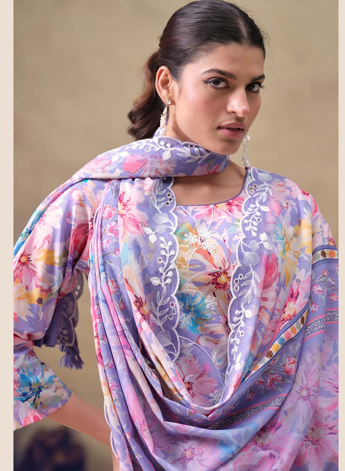 Purple Lawn Cotton Unstitched Suit Dress Material with Chikankari Embroidery