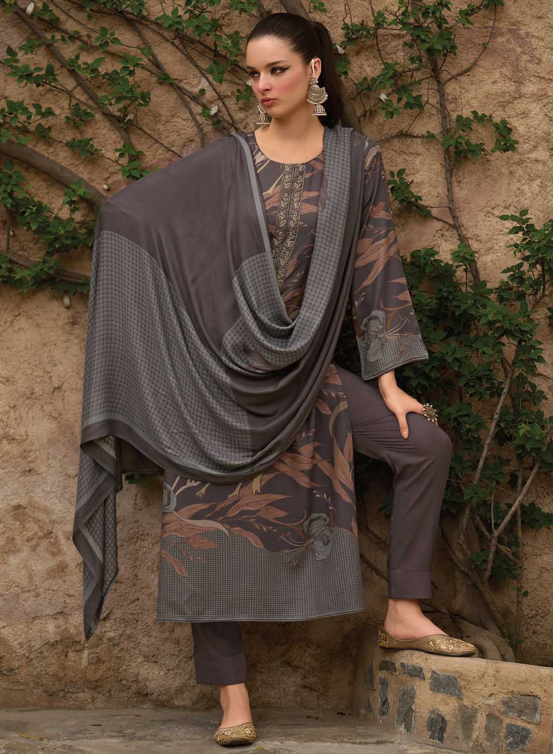 Grey Fancy Viscose Pashmina Printed Unstitched Winter Suit Dress Material