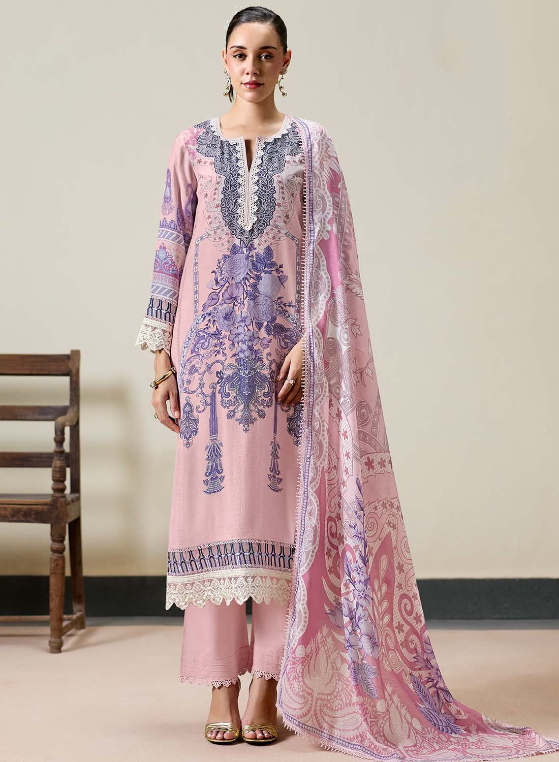 Pink Unstitched Muslin Pakistani Suit Dress Material with Embroidery