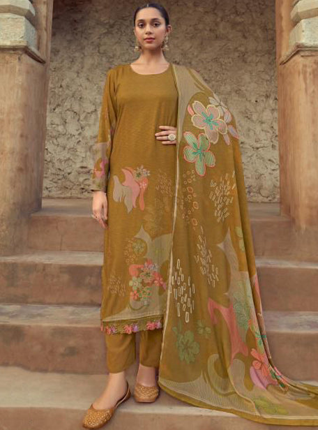 Mustard Brown Winter Pashmina Unstitched Salwar Suit Set Material for Women