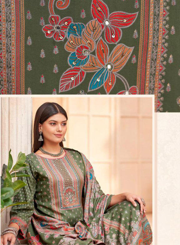 Green Pashmina Unstitched Winter Salwar Suit Set Material for Women