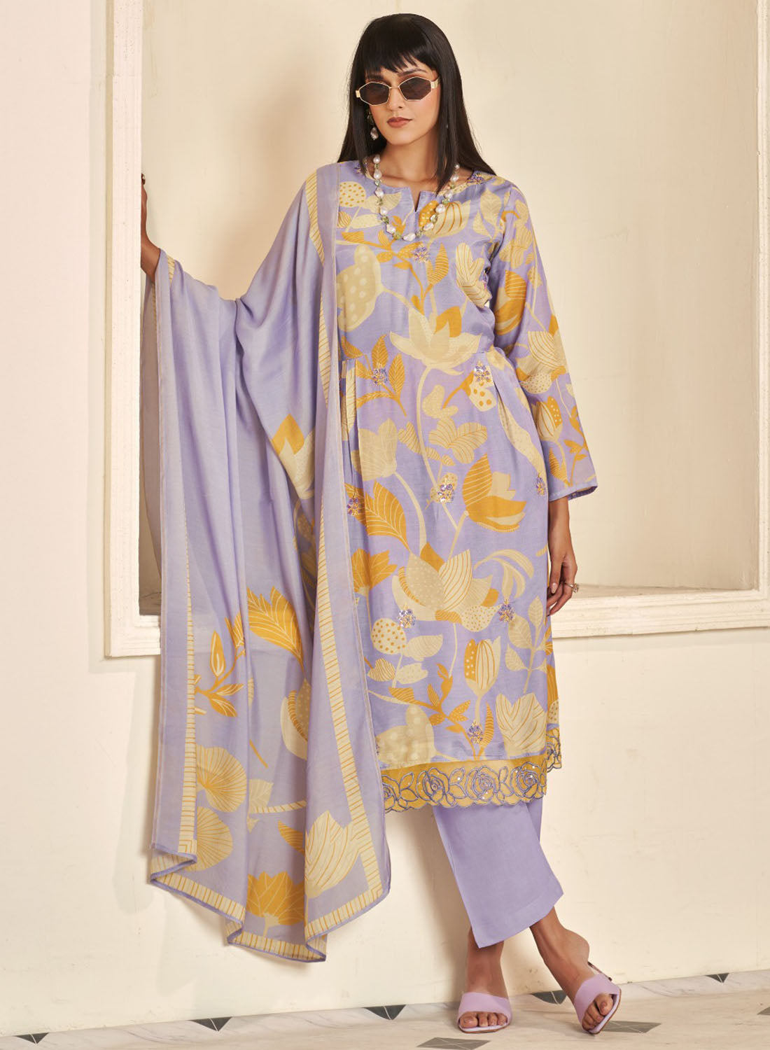 Party Wear Pure Muslin Purple Unstitched Salwar Suit Material for Women