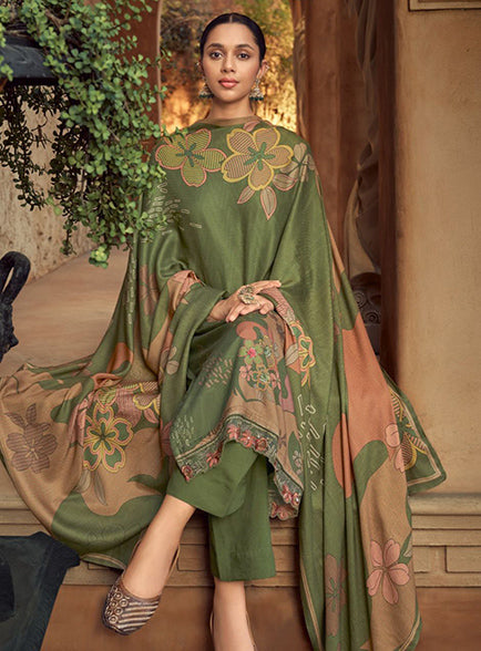 Green Winter Pashmina Unstitched Salwar Suit Set Material for Women