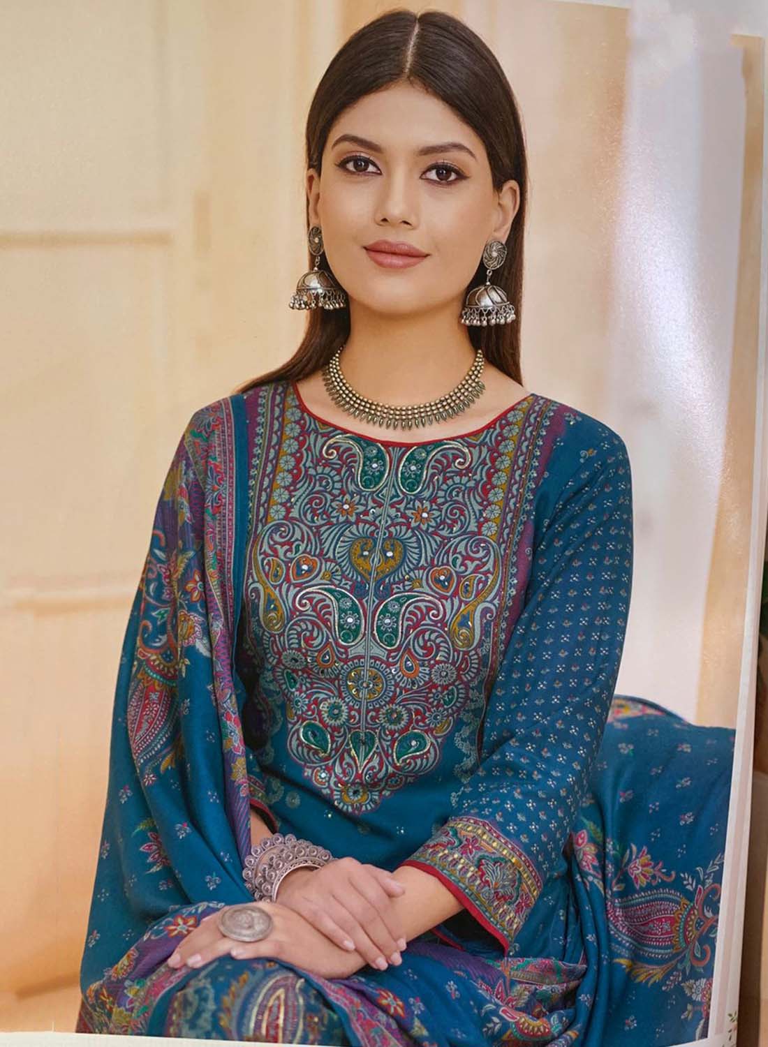 Teal Blue Pashmina Unstitched Winter Salwar Suit Set Material for Women