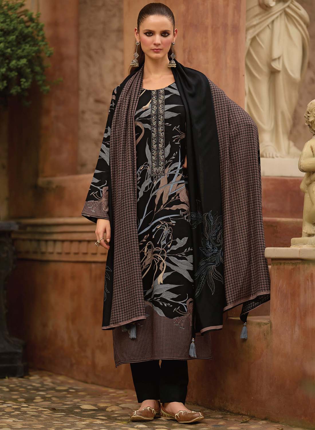 Fancy Pashmina Black Unstitched Winter Salwar Suit Dress Material