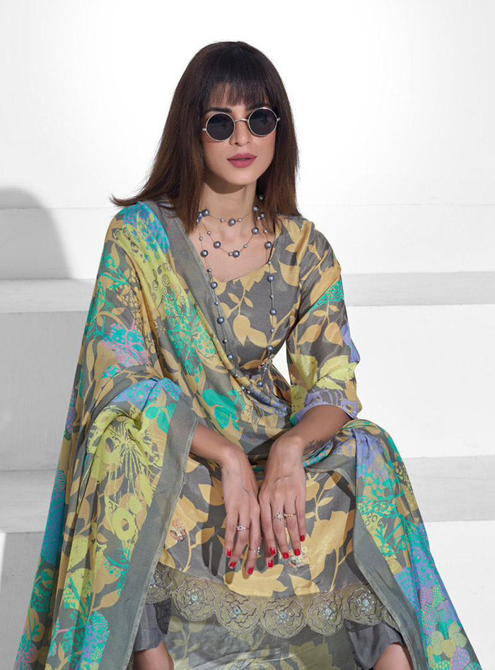 Party Wear Pure Muslin Grey Unstitched Suit Dress Material for Women