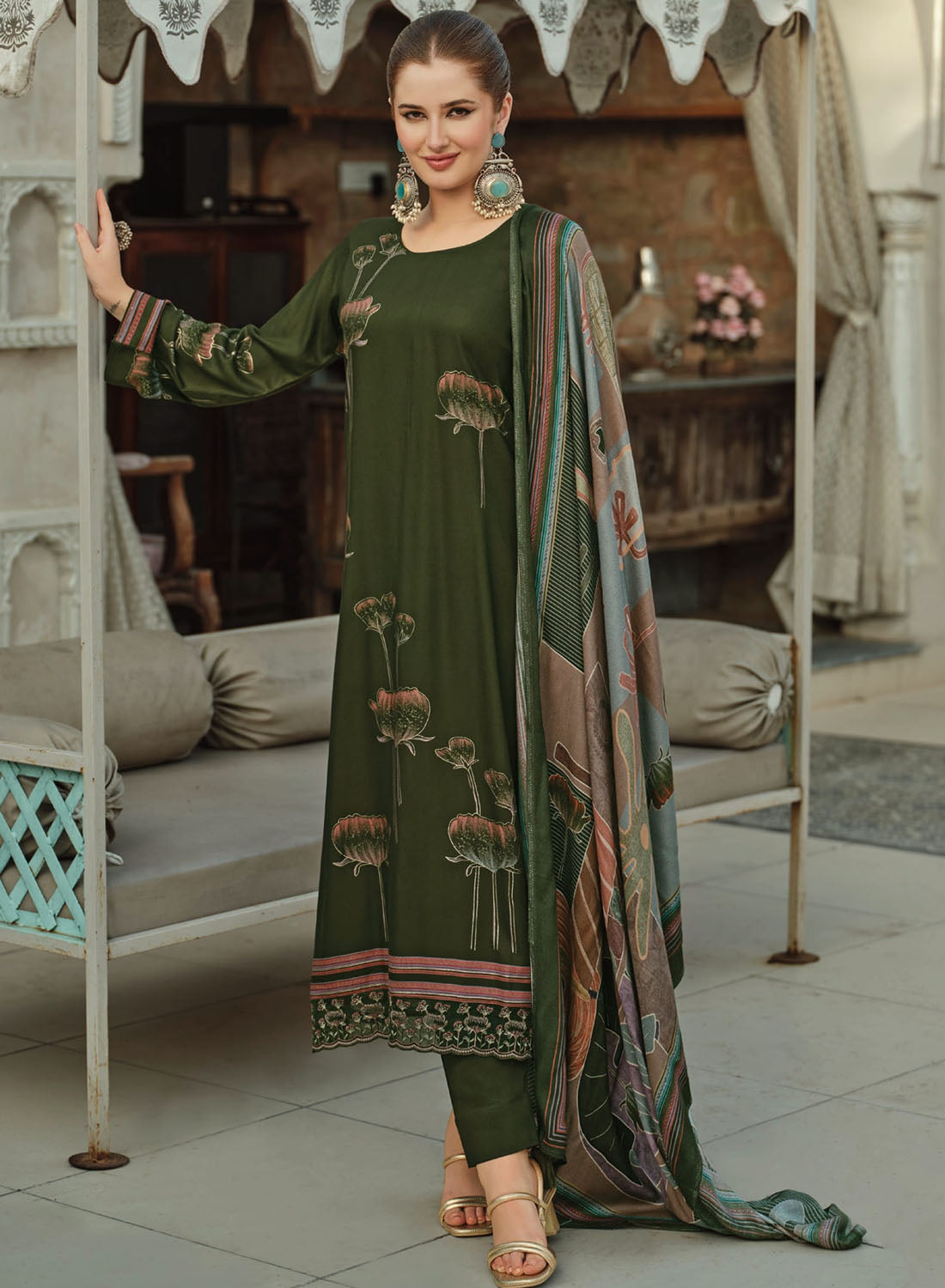 Green Pashmina Foil Print Unstitched Winter Suit Material with Embroidery