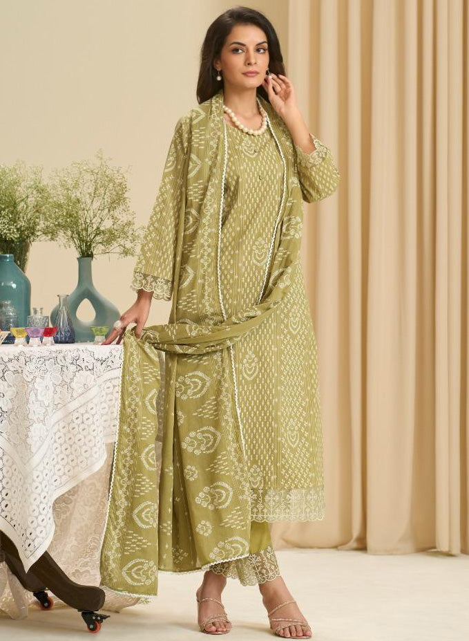 Olive Green Pure Cambric Cotton Unstitched Suit Set with Embroidery