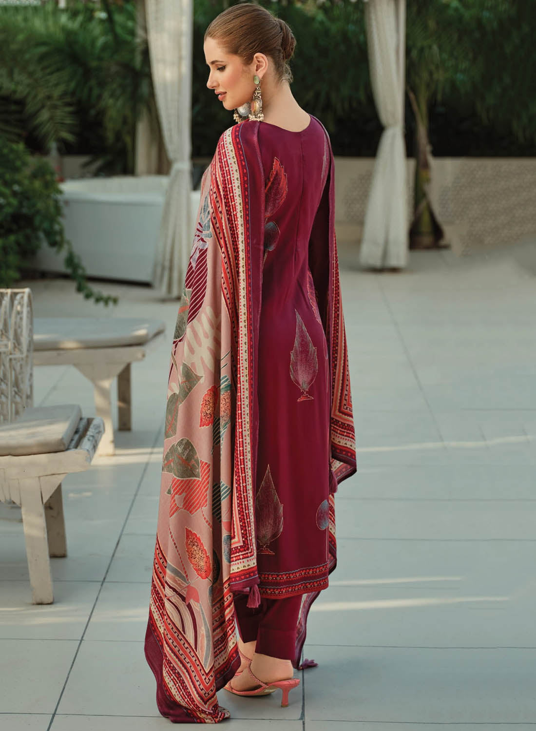 Magenta Purple Pashmina Printed Unstitched Winter Suit Dress Material