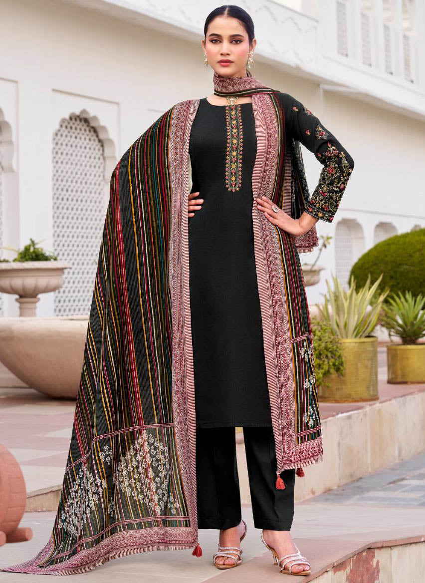Black Cotton Satin Unstitched Salwar Suit Dress Material with Embroidery