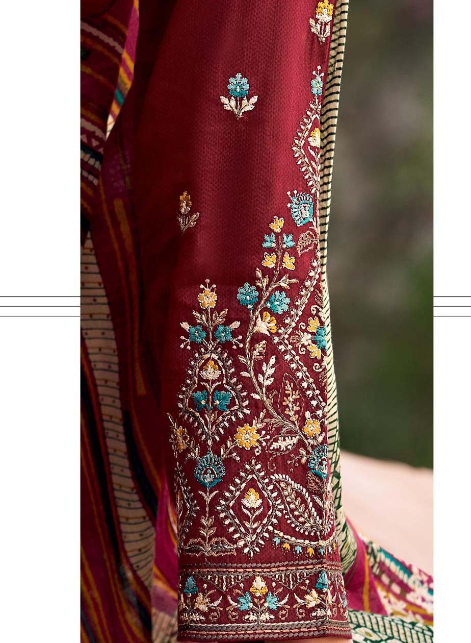 Maroon Cotton Satin Unstitched Salwar Suit Dress Material with Embroidery