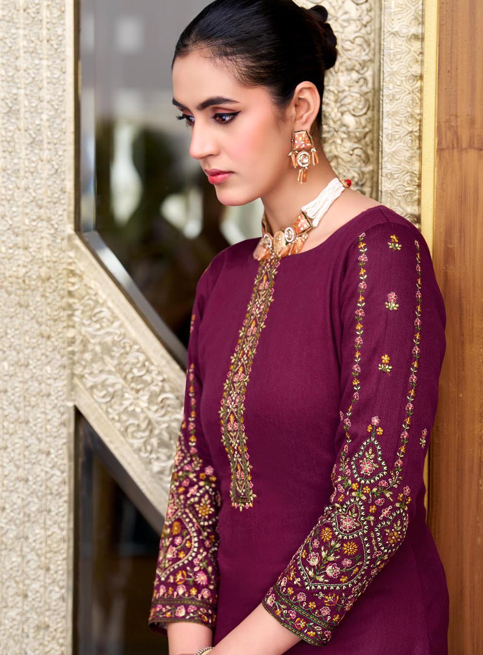 Cotton Satin Unstitched Salwar Suit Dress Material with Embroidery
