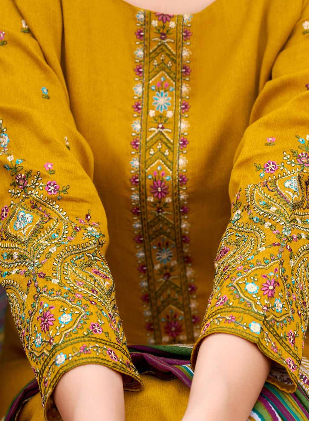 Mustard Cotton Satin Unstitched Salwar Suit Dress Material with Embroidery