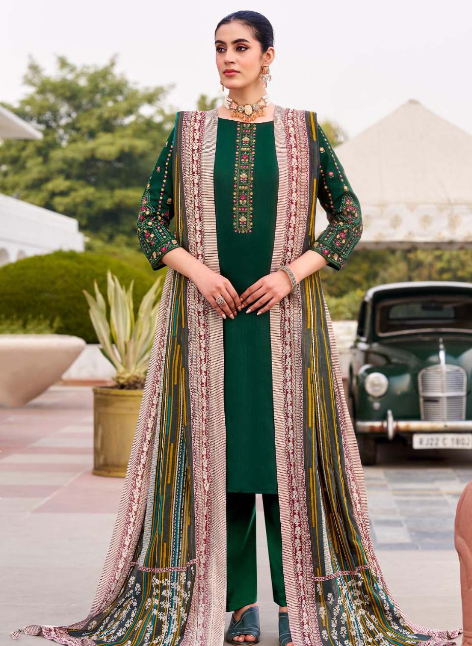 Green Cotton Satin Unstitched Salwar Suit Dress Material with Embroidery