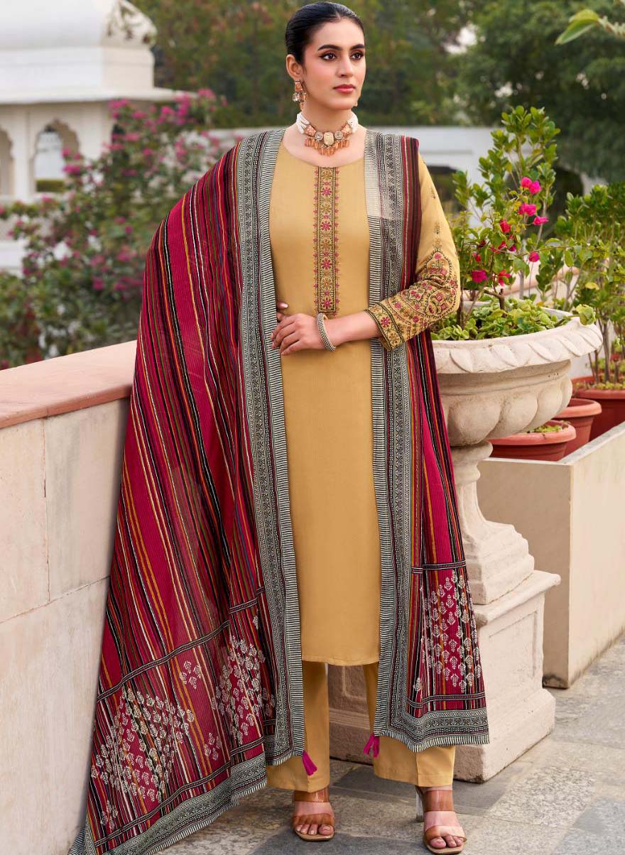 Beige Cotton Satin Unstitched Salwar Suit Dress Material with Embroidery