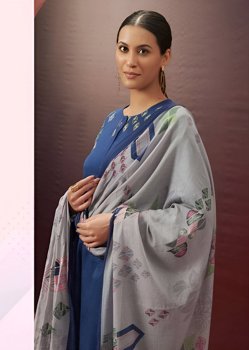 Blue Printed Unstitched Cotton Satin Salwar Suit Fabric for Women