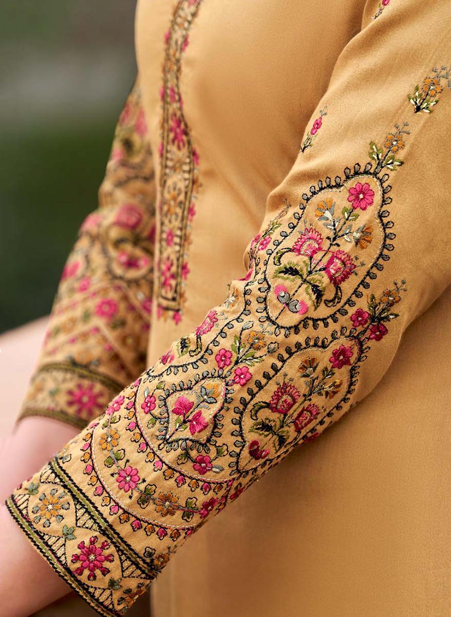 Beige Cotton Satin Unstitched Salwar Suit Dress Material with Embroidery