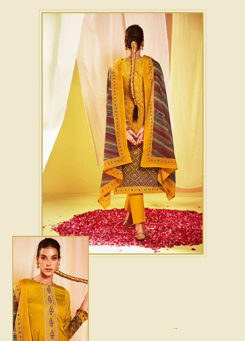 Embroidered Cotton Satin Unstitched Suit Set Yellow