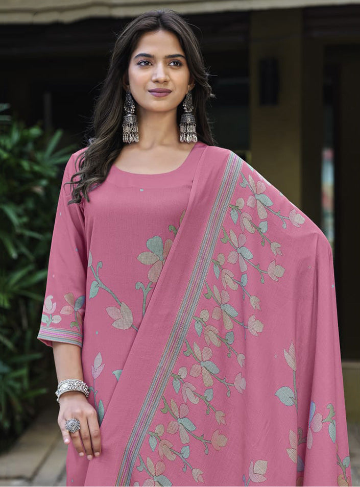 Pink Pashmina Winter Unstitched Salwar Suit Material for Women