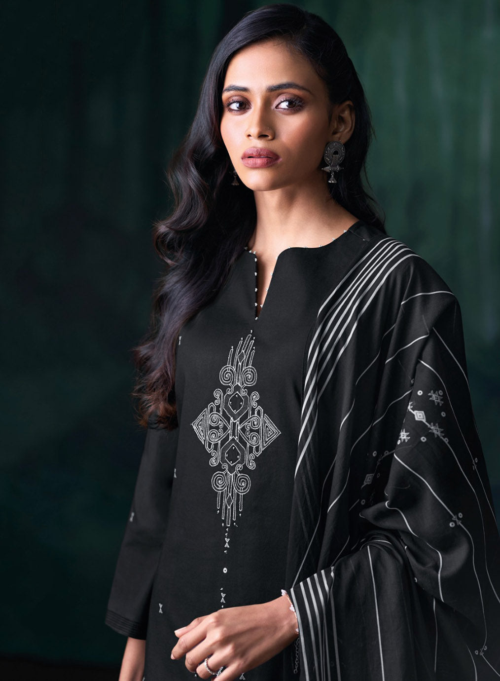 Ganga Unstitched Black Cotton Salwar Suit Material with Hand Embroidery