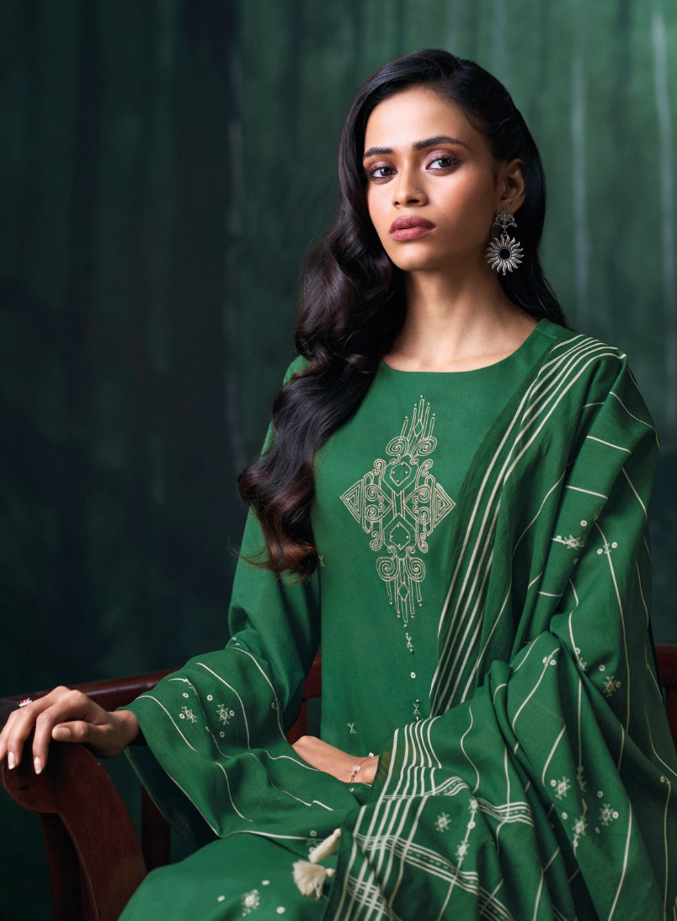 Ganga Green Unstitched Cotton Salwar Suit Material with Hand Embroidery
