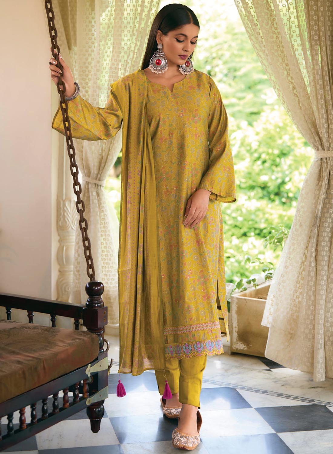 Pure Modal Silk Unstitched Suit Material with Fancy Embroidery
